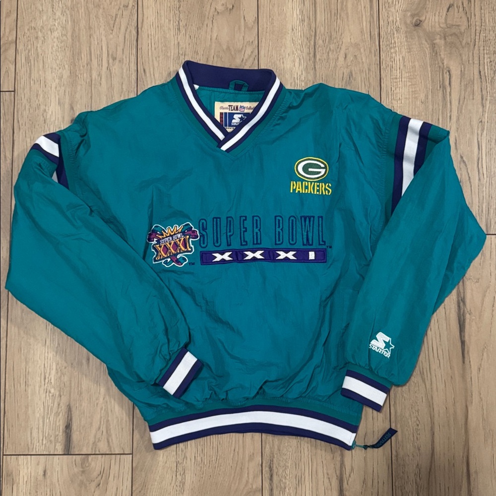 Vintage Starter Green Bay Packers Super Bowl 31 Teal Nylon Pullover Youth Large